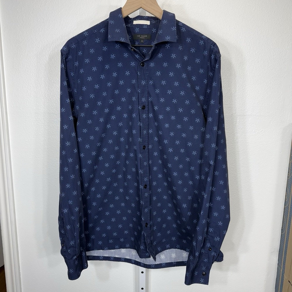 Ted Baker Men's Long Sleeve Button Down Shirt Blue Snowflake Pattern Size‎ 5